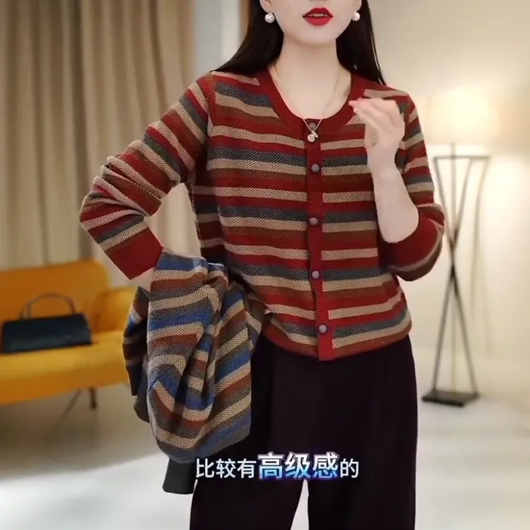 春秋装圆领设计感复古条纹撞色针织套头女妈妈装宽松毛衣中年上衣