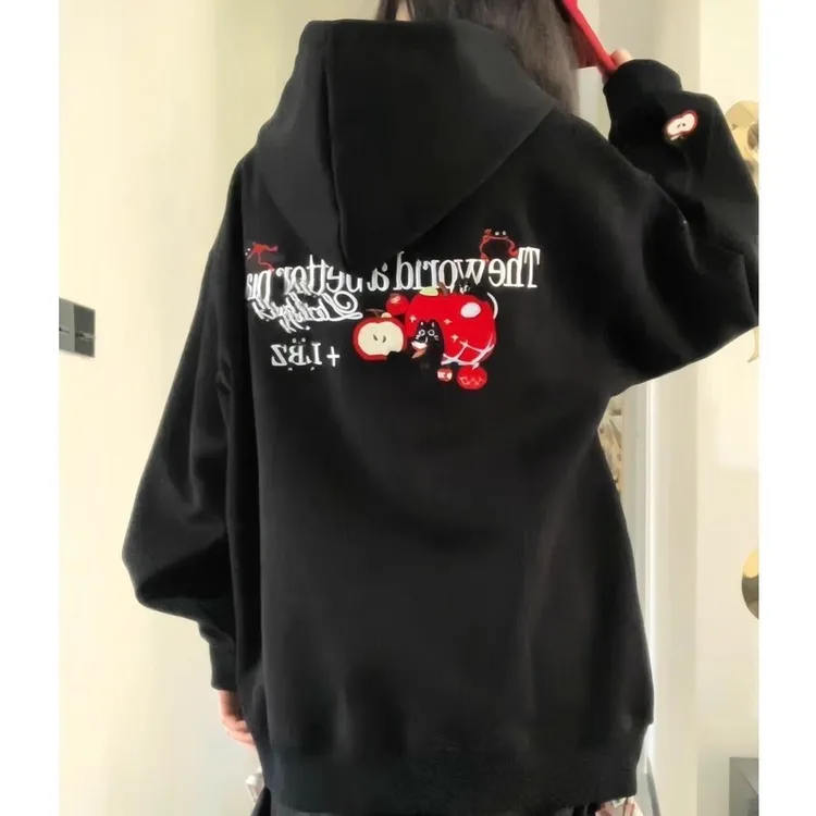 美式复古苹果猫咪刺绣连帽卫衣女秋冬新款宽松型情侣百搭上衣外套
