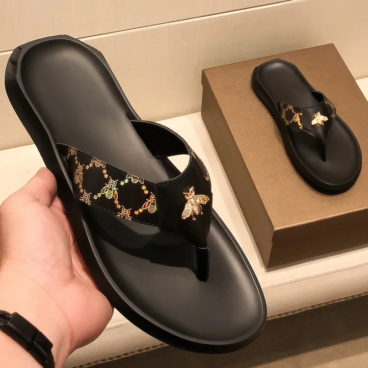 WEBUNSAPET维比萨玻小蜜蜂人字拖真皮印花夹脚拖鞋男士防滑防臭