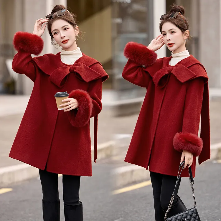 狐狸毛可脱卸双面羊毛大衣女2025年冬季新款优雅气质中长款毛呢