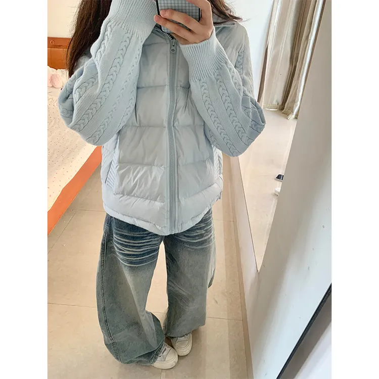 韩版百搭立领针织拼接面包服外套女冬季新款休闲宽松显瘦棉衣棉服