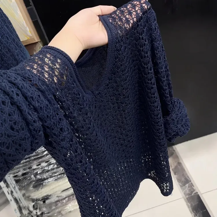 2025春秋季新款女士法式慵懒风时尚镂空毛针织衫显瘦减龄长袖上衣