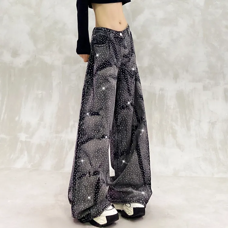 烫钻满天星扎染色水洗休闲牛仔裤女秋新款高腰宽松显瘦百搭阔腿裤