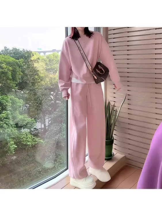 粉色休闲运动套装女秋季2025年新款今年流行洋气卫衣阔腿裤两件