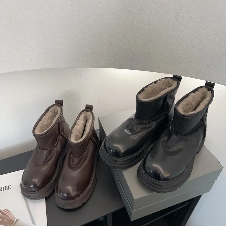 素陌冬季水洗马皮切尔西靴羊皮毛一体短靴真皮加绒雪地靴24913