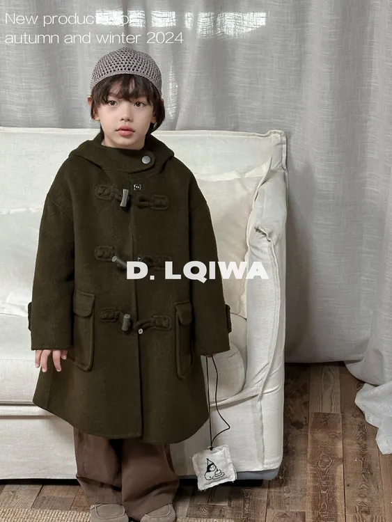 055#韩版双面手工羊毛大衣呢子毛呢儿童女童男童中长款秋冬连帽