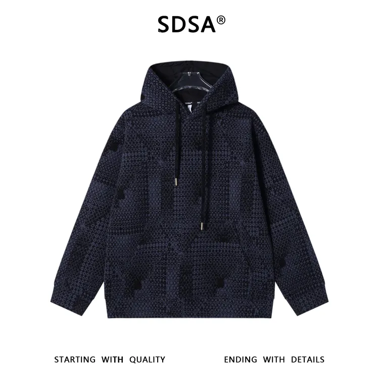 SDSA男士秋冬新款痞帅男装简约撞色格子提花抽绳连帽卫衣百搭宽松