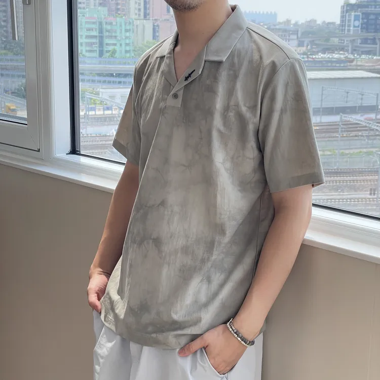 【Simple】高级感简约棉麻扎染老钱风 夏季金属标翻领短袖