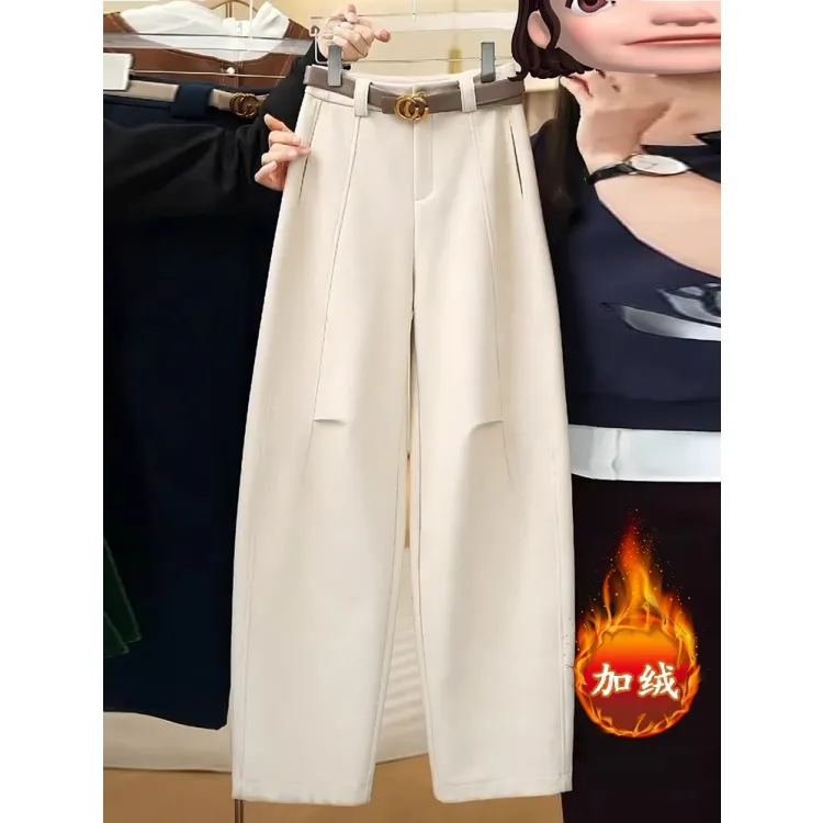 拉夏贝尔时尚阔腿休闲裤女2025年秋冬新款加厚高腰显瘦气质弯刀裤