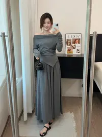 运补乐事专属秋季韩版设计感气质显瘦长袖不规则一字领半裙套装女