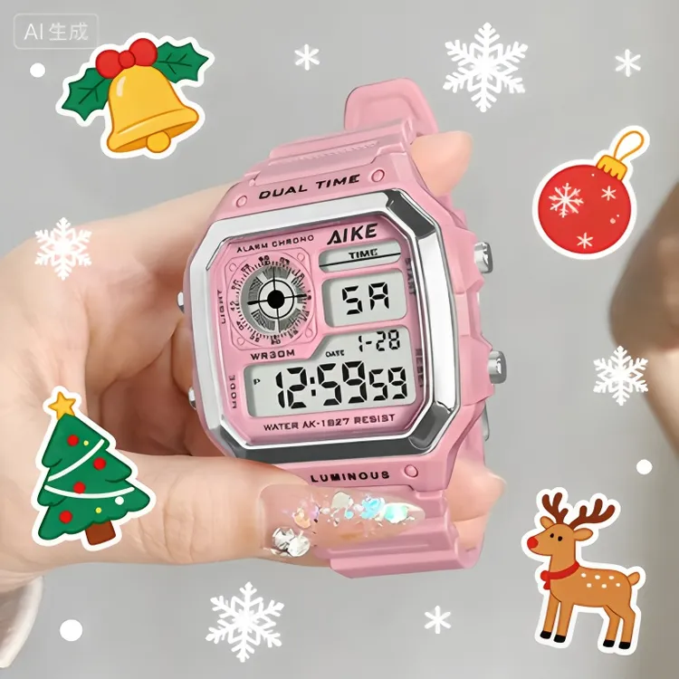 运动手表女款初中学生初高中小方块防水闹钟圣诞节礼物红色电子表