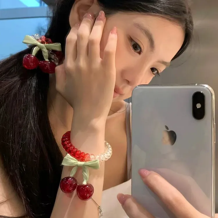 果酱Girls!细闪樱桃蝴蝶结发圈渐变电话圈发饰百搭皮筋发饰春夏