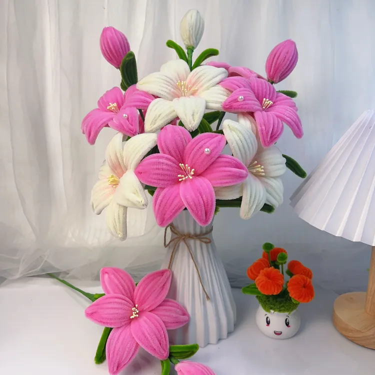 送珍珠+花瓶）全套百合花扭棒材料包10朵+3个花苞扭扭棒DIY材料包