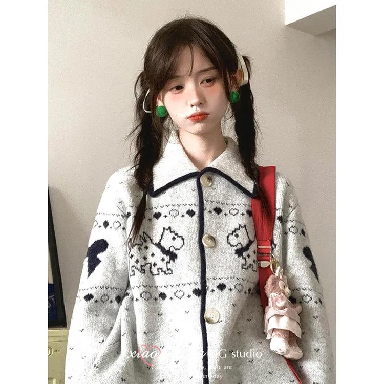 费尔岛提花软糯毛衣外套女秋冬新款日系复古宽松慵懒风针织开衫