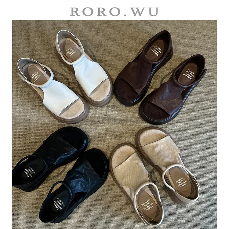 娆娆吴·头层牛皮夏季小个子增高厚底露趾简约日常百搭凉鞋T234