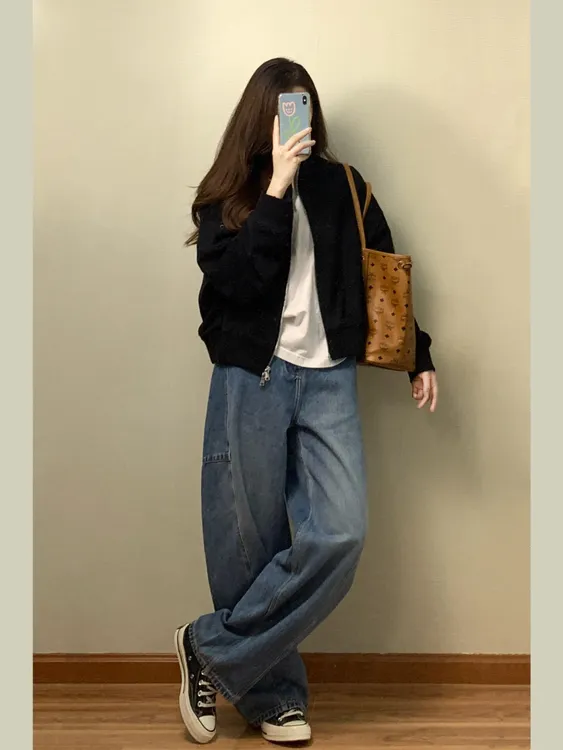 【雅绅风度】INS风时尚套装减龄黑色外套开衫宽松白T恤牛仔裤套装女
