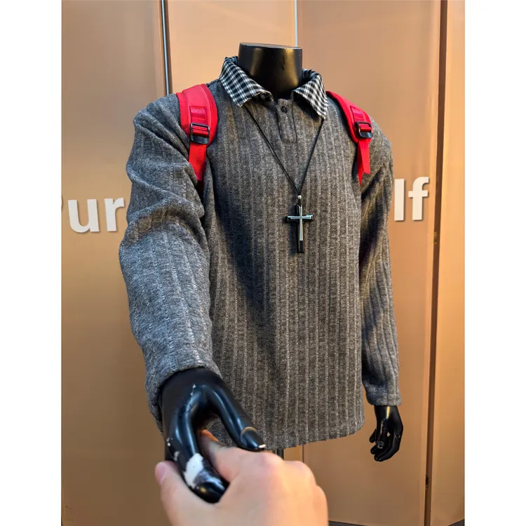 假两件复古格纹拼接卫衣男秋冬情侣加绒加厚polo领高级感内搭外套