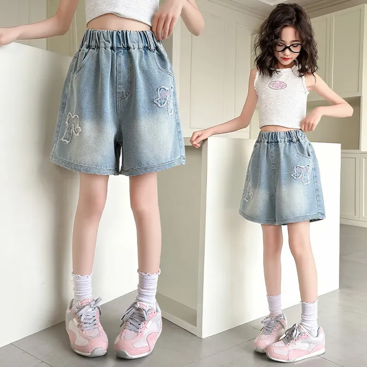 童装女童牛仔短裤夏季新款2025中大童女孩休闲洋气蝴蝶四分裤外穿