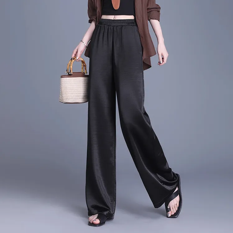 醋酸缎面窄版阔腿裤女2025新款夏季薄款高腰垂感宽松直筒西装裤子