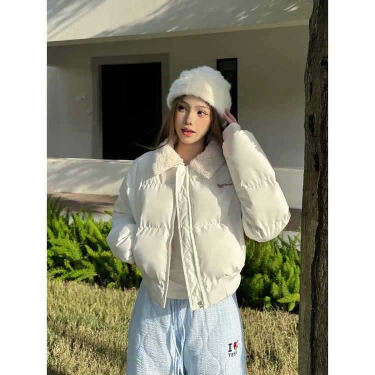 仿羊羔毛领爆款棉服女冬季2025新款小个子短款小棉袄外套加厚棉衣