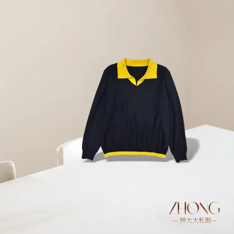 ZHONG大大【】拼色假两件翻领套头时尚显瘦针织毛衣12333
