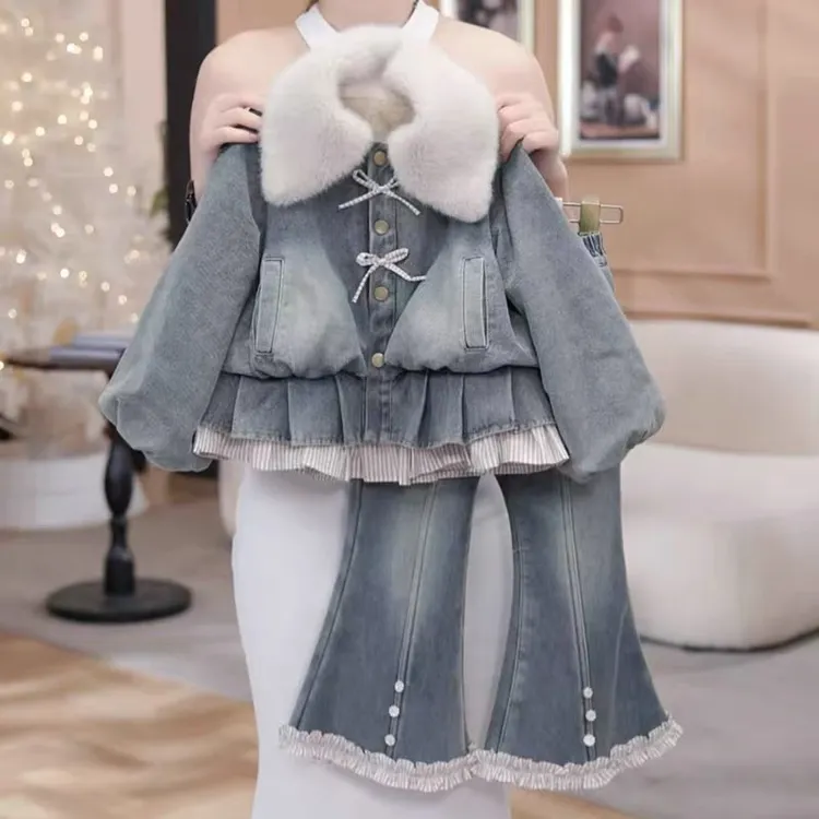 女童冬季套装2025新款小女孩加厚保暖冬装洋气休闲百搭牛仔两件套