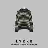 LYKKE 25新款全羊毛复古文艺条纹拼色半开扣polo领针织毛衣-E448