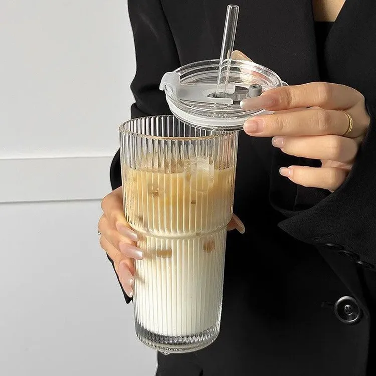 【新人专享】ins带盖带吸管大竖条纹水杯子玻璃杯颜值冷饮咖啡杯