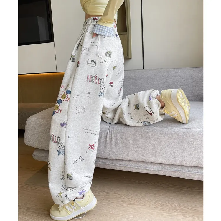 女秋冬季加绒高腰裤子两穿直筒裤休闲裤kt猫印花阔腿抽绳束脚卫裤