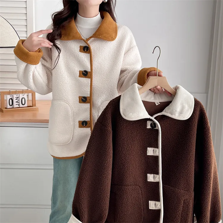 CSMH2025秋羊羔毛外套撞色大码女装200斤翻领开衫长袖胖妹绒衣