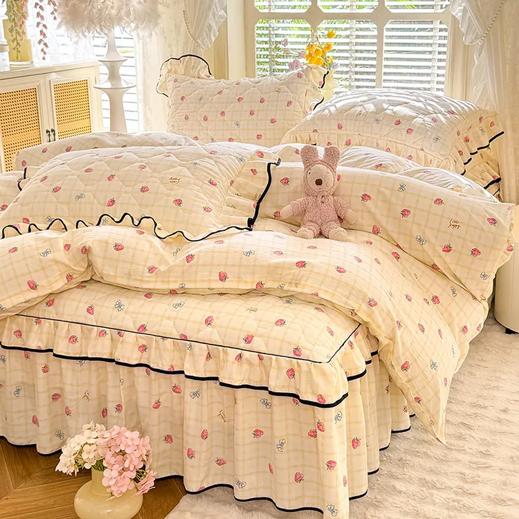 小清新水洗棉夹棉床裙四件套韩版秋冬皱皱纱床罩被套罩床上用品