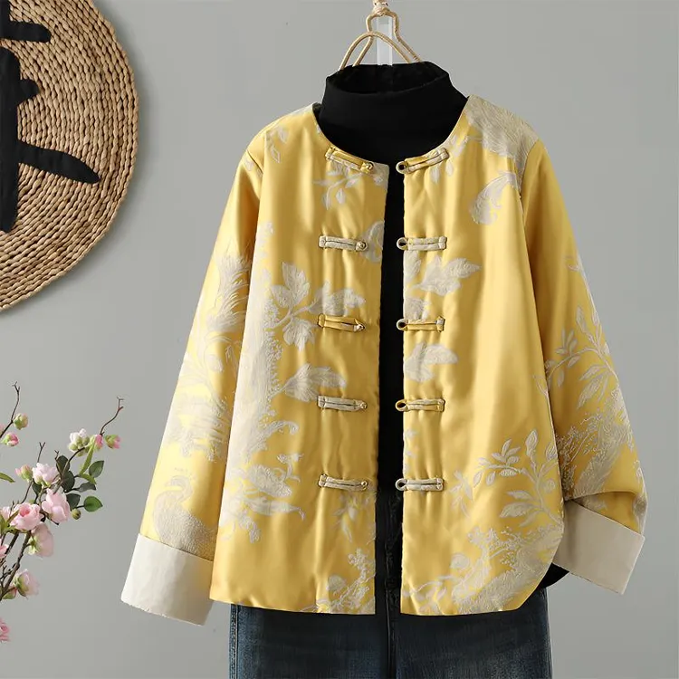 提花立领女大码民族风加厚提花夹棉上衣棉衣棉服秋冬2025新款保暖