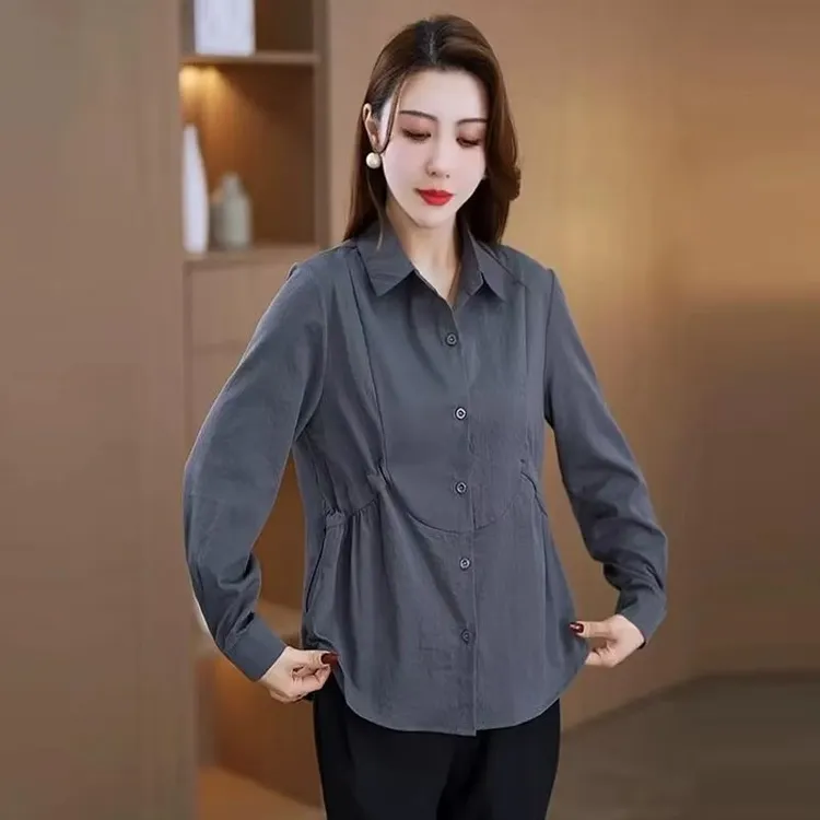 春秋新款收腰显瘦遮肚子长袖衬衫上衣女装显瘦穿搭纯色简约衬衫
