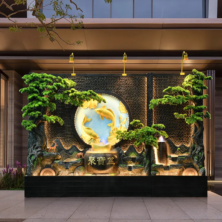 大型金鱼水幕墙流水屏风用于办公室酒店别墅庭院假山喷泉落地装饰