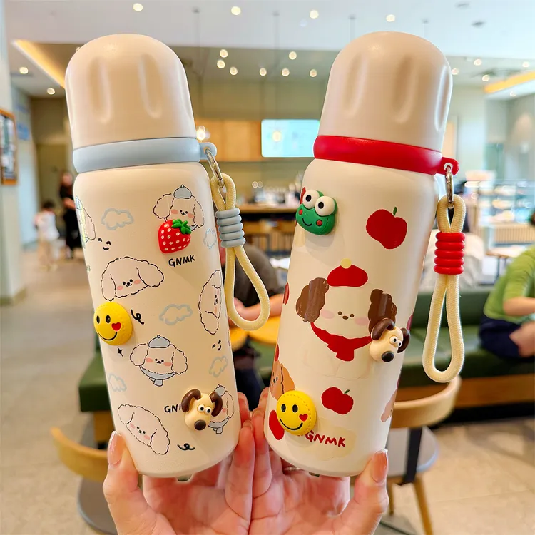 网红可爱小狗吸管保温杯学生高颜值水杯女生清新办公室带盖双饮杯