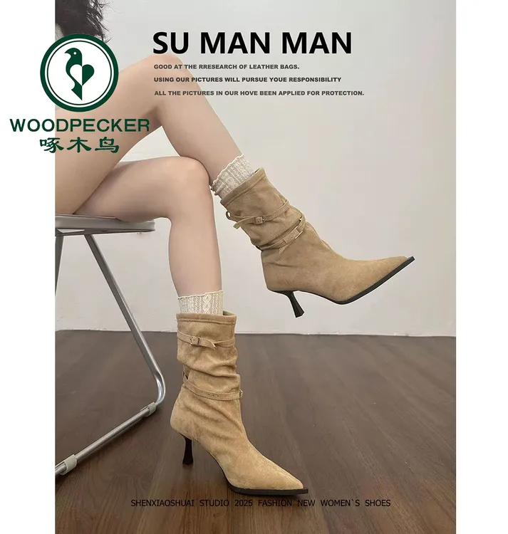 啄木鸟气质显瘦尖头细跟褶皱堆堆靴弹力短靴女百搭时装靴子高跟鞋