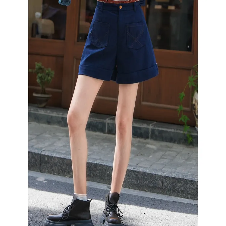 余紫绮【蓝曜石】夏日复古蓝色a字短裤高腰百搭时尚阔腿裤ZR3882002