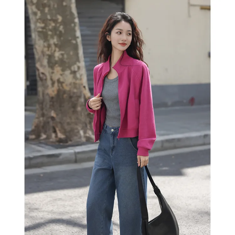松弛感时尚休闲立领外套春秋款多巴胺高级感基础简约华夫格上衣女