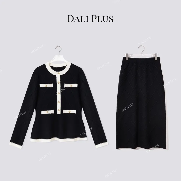 DALI PLUS“Co.Co套装香风针织”菱形纹针织上衣+半裙-D5SZ8242