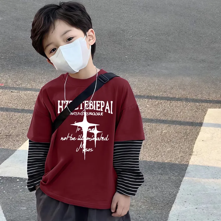 2025新款儿童假两件潮牌长袖纯棉T恤春秋男童打底中大童帅气上衣