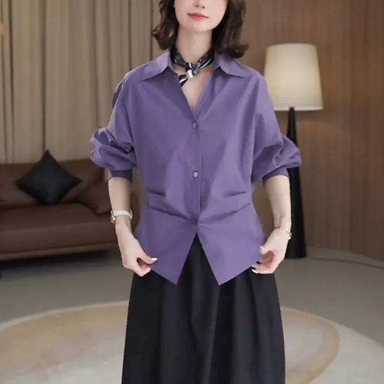 洋气高级感紫色衬衫女2025秋季新款Polo领收腰显瘦时髦打底上衣