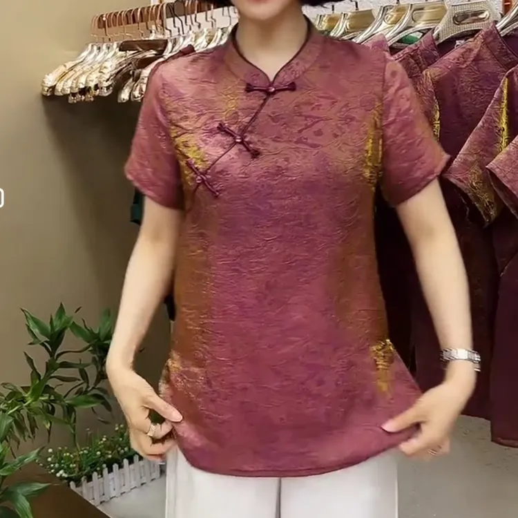 中长款包边短袖提花薄款中老年妈妈上衣显瘦气质夏季时尚洋气婆婆