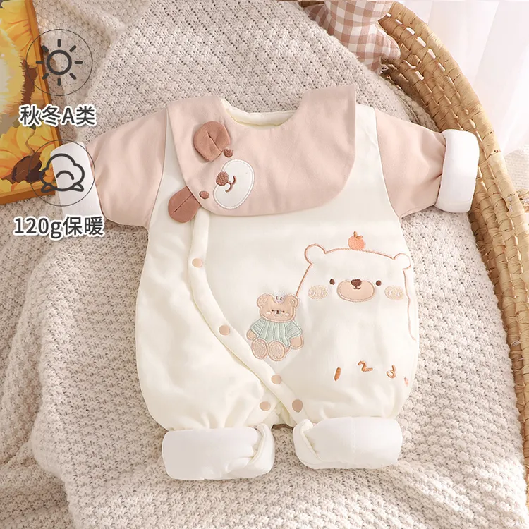 新生婴儿衣服满月百天宝宝夹棉连体衣春秋外出棉服保暖包屁衣哈衣