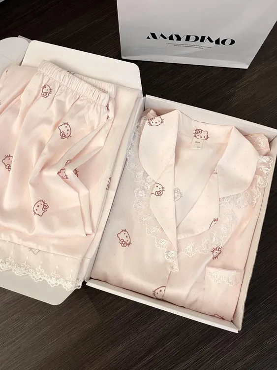 甜美可爱蕾丝花边冰丝睡衣女春秋季长袖长裤少女家新款家居服套装