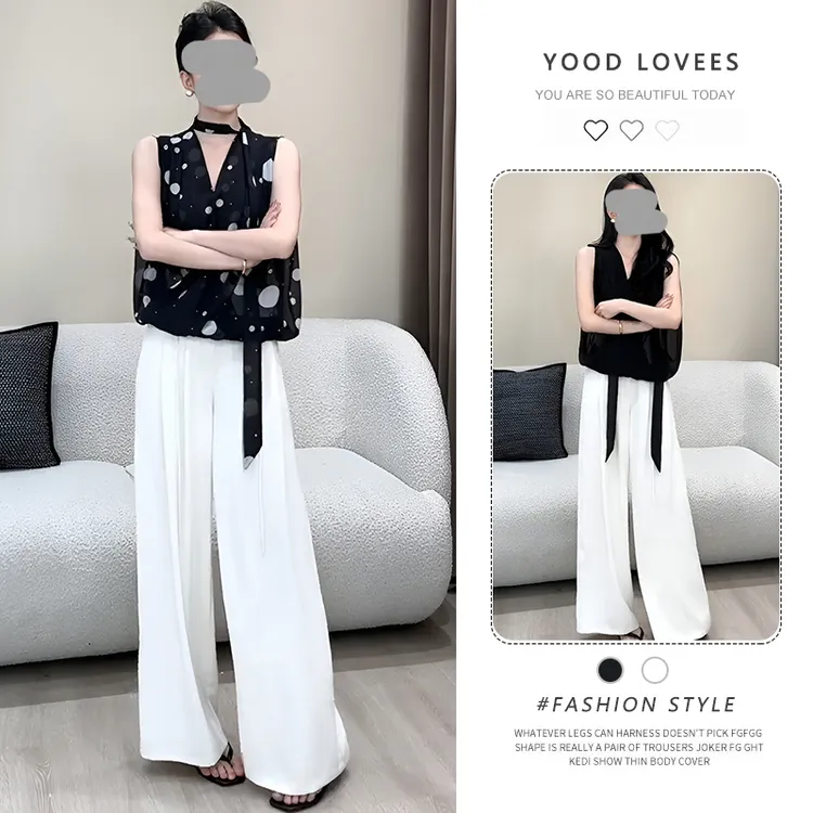 法式薄款飘带波点印花衬衫上衣女2025夏季新款直筒休闲裤两件套潮