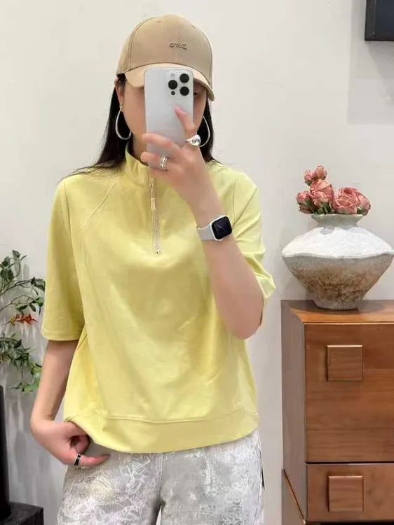 拉链宽松型艾尚家常规款女士T恤插肩袖宽松半袖百搭翻领运动短袖