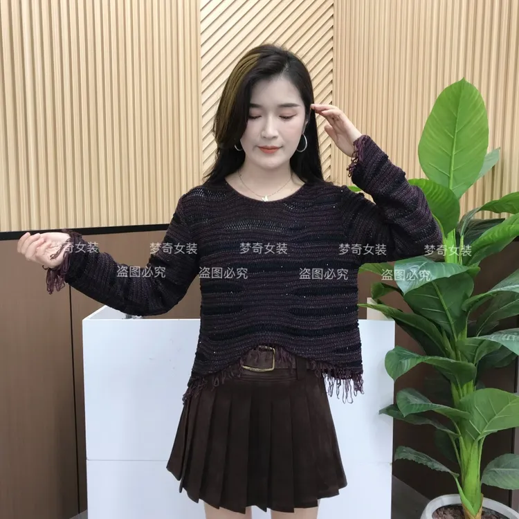 欧货重工亮片流苏圆领长袖T恤秋季韩版高腰短款镂空条纹针织衫潮