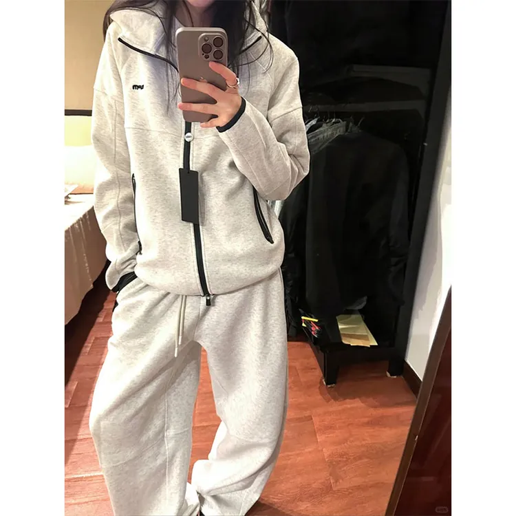 新款美式复古灰色连帽卫衣女秋冬季宽松休闲运动风拉链开衫外套