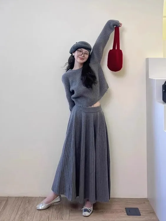 大码温柔风时尚套装秋冬慵懒打底宽松毛衣+高腰半身裙针织两件套