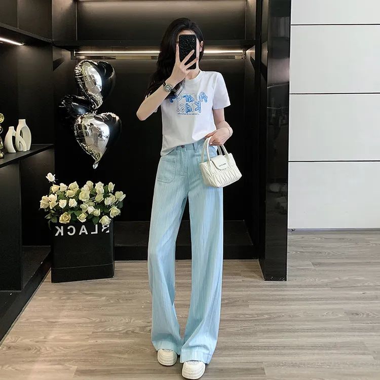 短袖正肩t恤女装夏季修身别致上衣阔腿牛仔裤薄款宽松显瘦直筒裤